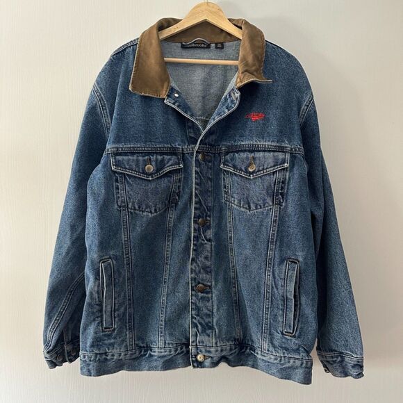 Vintage Dunbrooke Mens Certified Leather Brown Collar Denim Jean Jacket Size XL - Picture 1 of 8